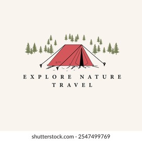 Travel to wild life. Vintage design with  forest hand drawn vintage outdoor camping logo For poster, banner, emblem, sign, logo.