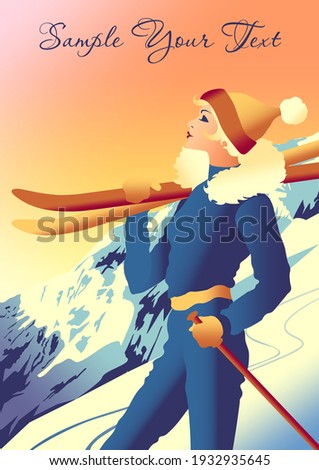 Travel  Winter Poster with woman and mountains in the background. Handmade drawing vector illustration. Art Deco style.