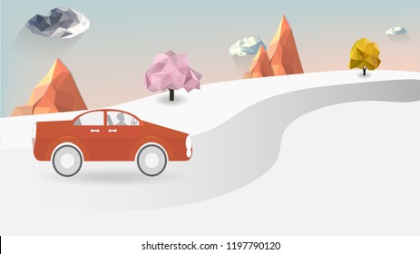 Travel in winter with snow and cold in the holiday with a car.snow landscape background , vector art and illustration.