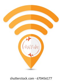 Travel with Wireless network technology. The destination place travel symbol. Around the world traveling by plane. Flying above the earth. Travel pointer wifi concept vector illustration.
