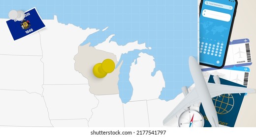 Travel to Wisconsin concept, map with pin on map of Wisconsin. Vacation preparation map, flag, passport and tickets. Vector illustration in flat design.