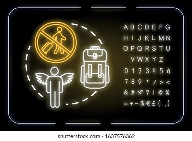 Travel without luggage neon light concept icon. Budget tourism, no baggage fee expenses idea. Outer glowing sign with alphabet, numbers and symbols. Vector isolated RGB color illustration