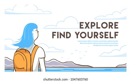 Travel woman with backpack find yourself. Close up of travel girl outdoors. Line art vector illustration.