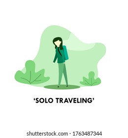 Travel woman with backpack find yourself. A girl solo traveling. Wild nature. Travelling solo, hiking, journey. Flat design vector illustration.