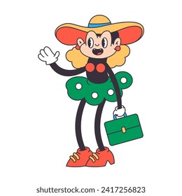 Travel woman cute cartoon retro vector character isolated on white background.