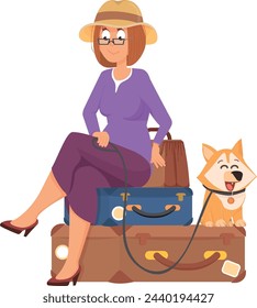 Travel woman wait sitting on lugagge with cute dog