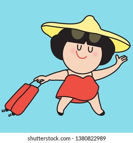 Travel Woman Waving Hand While Walking With A Luggage Baggage Carry-on Trolley In Full Body Length. Concept Of Holiday Vacation Time Card Character illustration