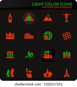 Travel and Wonders easy color vector icons on dark background for user interface design
