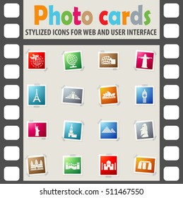 travel and wonders web icons on color photo cards for user interface