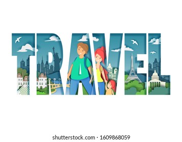Travel word in capital letters with happy family enjoying visiting New York city and Paris famous attractions, vector illustration in paper art style. World tourism composition for poster, banner etc.