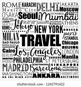 TRAVEL word cloud concept made with words cities names, business concept background