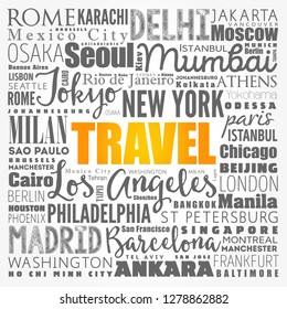 TRAVEL word cloud concept made with words cities names, business concept background