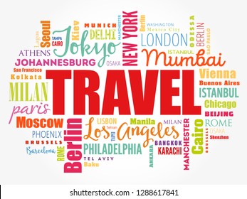 TRAVEL word cloud concept made with words cities names, business concept background