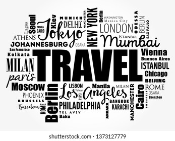 TRAVEL word cloud concept made with words cities names, business concept background