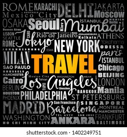 TRAVEL word cloud concept made with words cities names, business concept background
