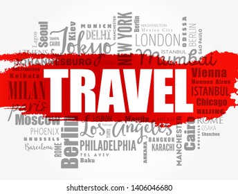 TRAVEL word cloud concept made with words cities names, business concept background