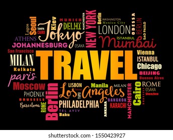 TRAVEL word cloud concept made with words cities names, business concept background