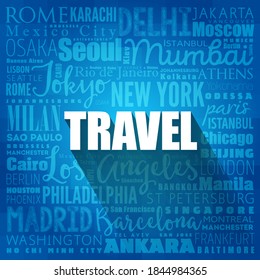 TRAVEL Wort Cloud Konzept aus Wörtern mit Namen von Städten, Business-Konzept-Hintergrund