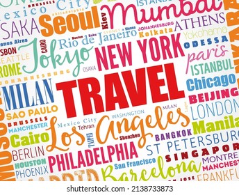 TRAVEL word cloud concept made with words cities names, business concept background