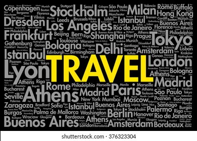 TRAVEL word cloud concept made with words cities names, business concept background
