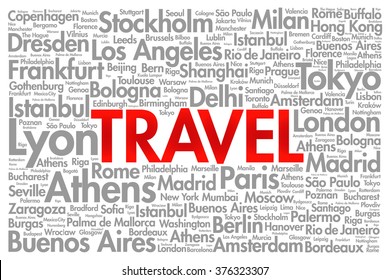 TRAVEL word cloud concept made with words cities names, business concept background