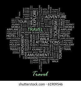 TRAVEL. Word collage on black background. Illustration with different association terms.