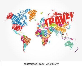 TRAVEL word in shape World Map Typography, words cloud business concept background