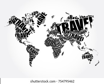 TRAVEL word in shape World Map Typography, words cloud business concept background