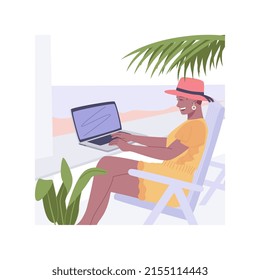 Travel and work isolated cartoon vector illustrations. Happy girl working using laptop from exotic location, remote online job from the beach, freelancer lifestyle, digital nomad vector cartoon.