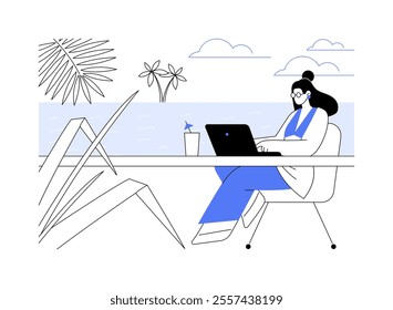 Travel and work isolated cartoon vector illustrations. Happy girl working using laptop from exotic location, remote online job from the beach, freelancer lifestyle, digital nomad vector cartoon.