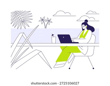 Viajar y trabajar Ilustraciones vectoriales de dibujos animados aislados. Muchacha feliz que trabaja usando el ordenador portátil de la ubicación exótica, trabajo en línea remoto de la playa, estilo de vida del freelancer, historieta nómada digital del Vector.