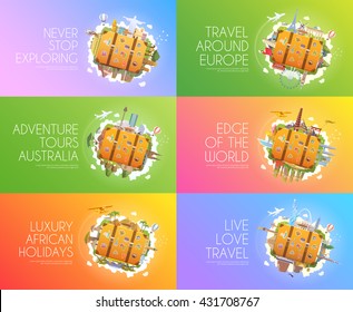 Travel to World. Africa,Australia, Asia, North America, South America, Europe. Tourism. Old suitcase with landmarks. Advertising web banners. Modern flat design.