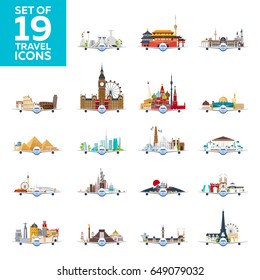 Travel to World. Airplane with Attractions. Big Set of Travel vector icons. Flat style