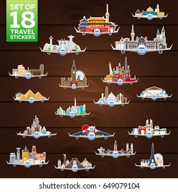 Travel the World. Airplane with Attractions. Big Set of Travel stickers. Flat style