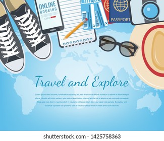 Travel the World background with items for travel. Travel and Tourism concept. Vector illustration