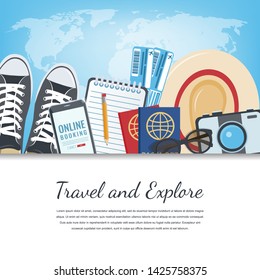 Travel the World background with items for travel. Travel and Tourism concept. Vector illustration