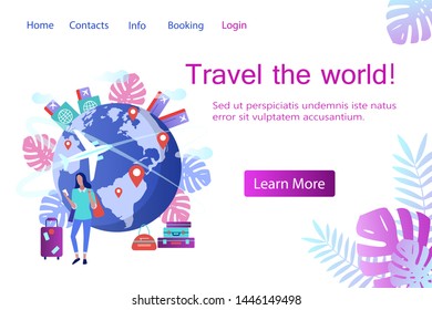 Travel the world banner in flat style. Tickets booking service poster with tourist girl. Easy and comfortable traveling concept. Buy transport tickets on internet vector illustration.