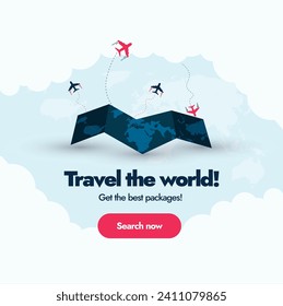 Travel the world banner. Travelling agency cover banner for best packages. Travel the world banner with a folding world map and airplane icons in blue and pink colour. World tour concept, banner. 