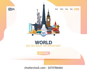 Travel to World. Travel banner or web template for web site or landing page. Time to travel. Vector UI illustration