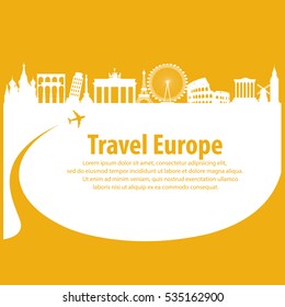 Travel the world by plane  around Europe by plane . Travel and Famous Landmarks Vector flat illustration.