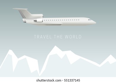 Travel the world by plane. Vector banner with mountains and airplane.