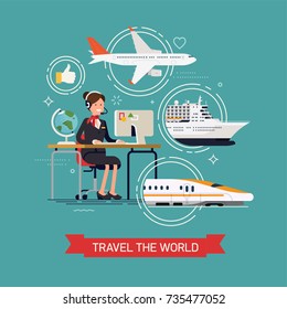 Travel the world concept illustration with friendly female travel agency specialist behind work desk with abstract travel options on background. Travel by plane, ship or train