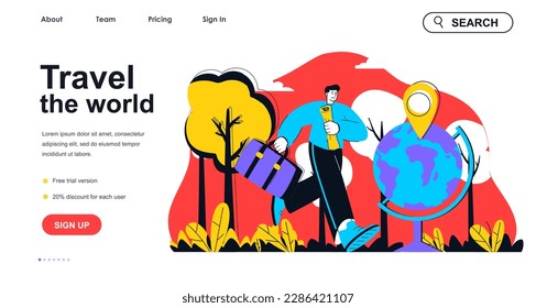 Travel the world concept for landing page template. Man with luggage and map goes on worldwide trip. Vacation and tourism people scene. Vector illustration with flat character design for web banner