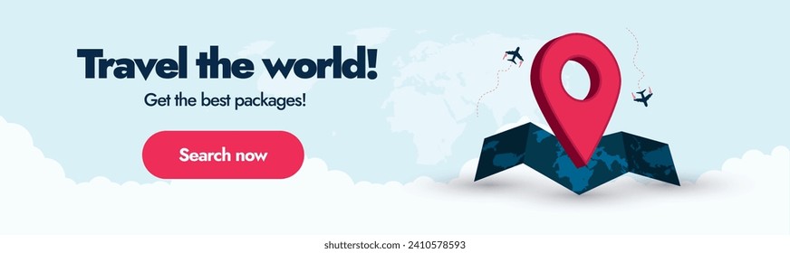 Travel the world cover banner with world map and location icon. Travel the world now, get the best packages. Travel agency advertising cover banner concept. Facebook cover banner for tourism