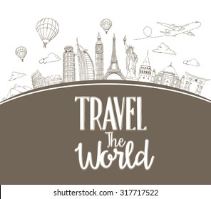 Travel The World Design Background of Line Drawing of Famous Landmarks Around The World. Vector Illustration
