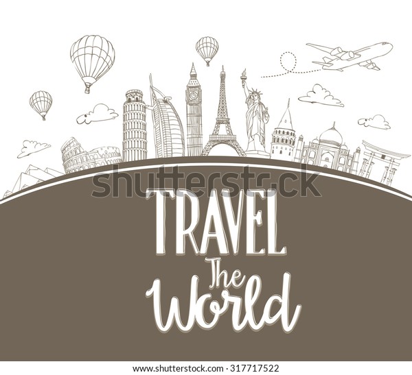 Travel The World\
Design Background of Line Drawing of Famous Landmarks Around The\
World. Vector\
Illustration\
