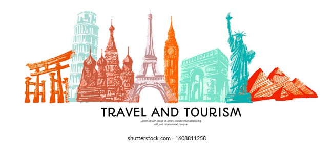 Travel to World with famous landmarks colorful hand drawn sketch style panorama