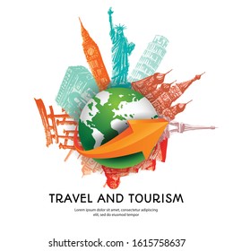 Travel to World with famous landmarks colorful hand drawn sketch style 