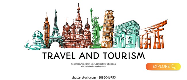 Travel to World with famous landmarks colorful hand drawn sketch style panorama