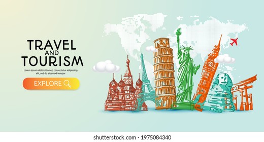 Travel to World with famous landmarks colorful hand drawn sketch style and world map